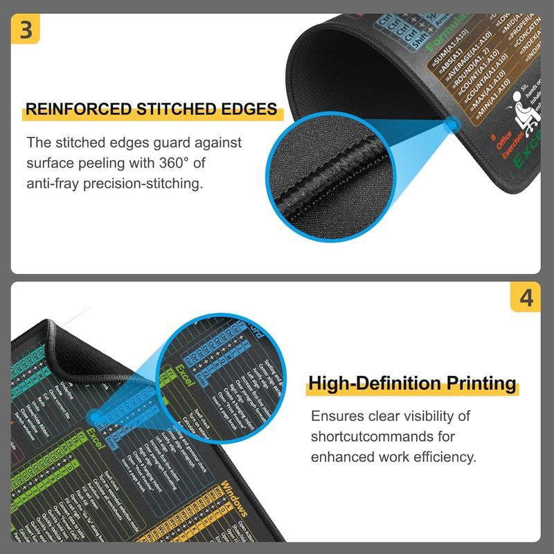 Excel Shortcut Cheat Sheet Mouse Pad Large Waterproof Desk Mat for Keyboard & Mouse Ergonomic Office Home Workstation Accessory 31.5 X 11.8 Inch Non-Slip Base