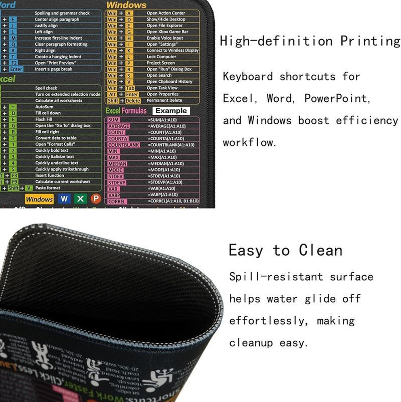 Excel Shortcut Cheat Sheet Mouse Pad Large Waterproof Desk Mat for Keyboard & Mouse Ergonomic Office Home Workstation Accessory 31.5 X 11.8 Inch Non-Slip Base