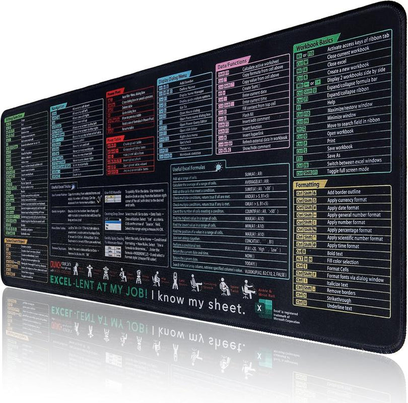 Excel Shortcut Cheat Sheet Mouse Pad Large Waterproof Desk Mat for Keyboard & Mouse Ergonomic Office Home Workstation Accessory 31.5 X 11.8 Inch Non-Slip Base