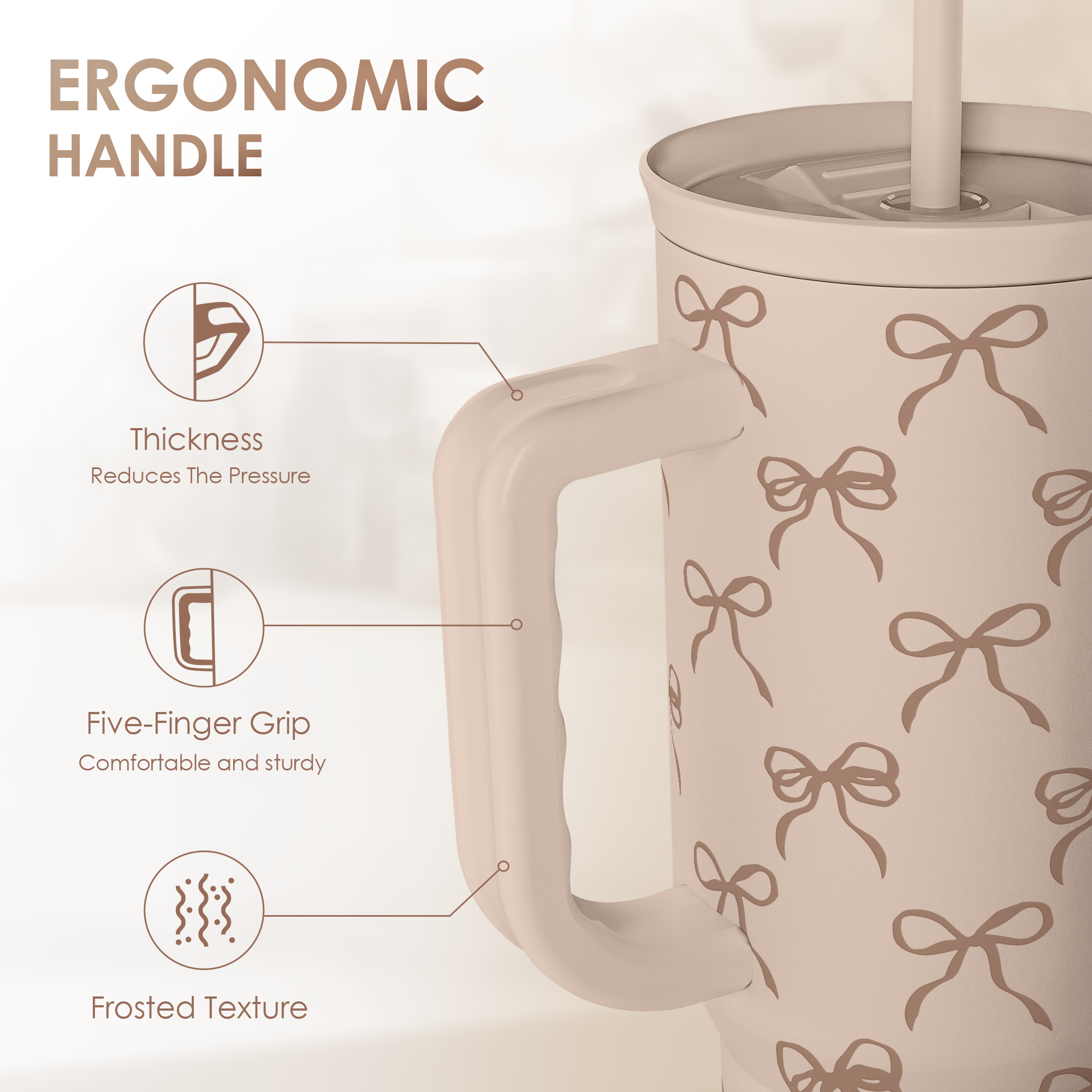 Bow Tumbler with Handle and Straw 40oz – Stainless Sleel Slider Tumbler Travel Coffee Mug for Women - Gift Idea for Birthday Christmas