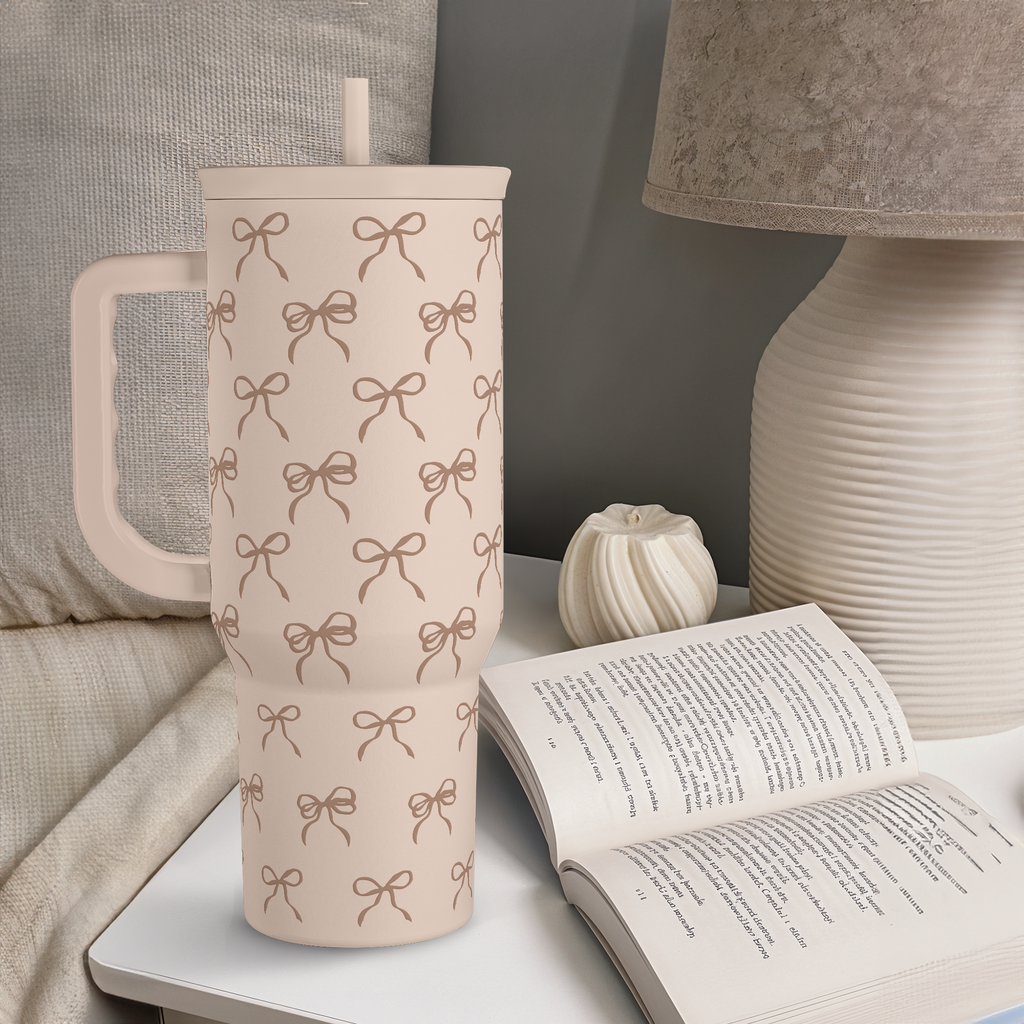 Bow Tumbler with Handle and Straw 40oz – Stainless Sleel Slider Tumbler Travel Coffee Mug for Women - Gift Idea for Birthday Christmas