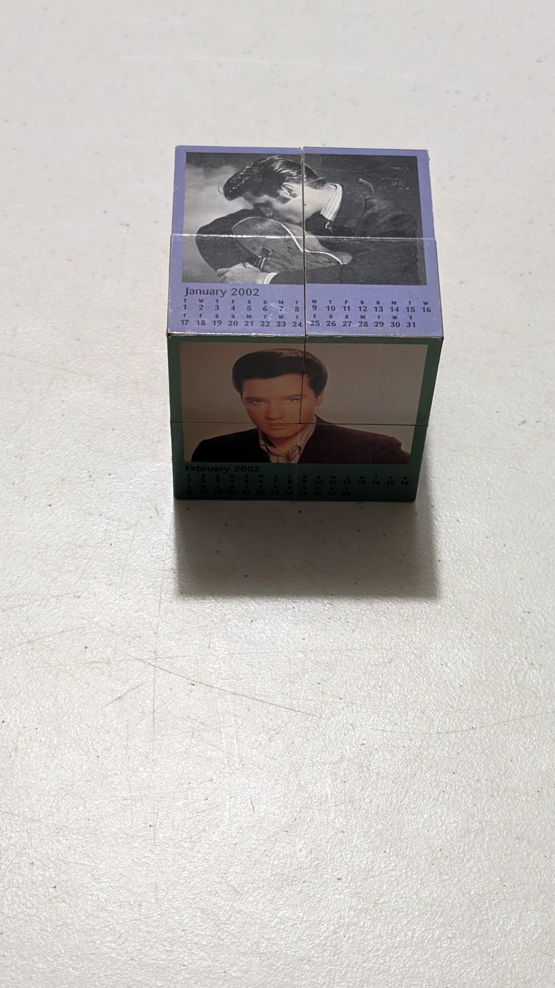 Elvis Presley 2002 Calendar Cube from Unknown - 2001 Desk Accessory (Plastic, Paper Calendar Cube, Retro, Office Decor, Purple, Green, Black, White, Collectable, Vintage, Original)