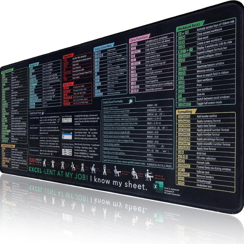 Excel Shortcut Cheat Sheet Mouse Pad Large Waterproof Desk Mat for Keyboard & Mouse Ergonomic Office Home Workstation Accessory 31.5 X 11.8 Inch Non-Slip Base